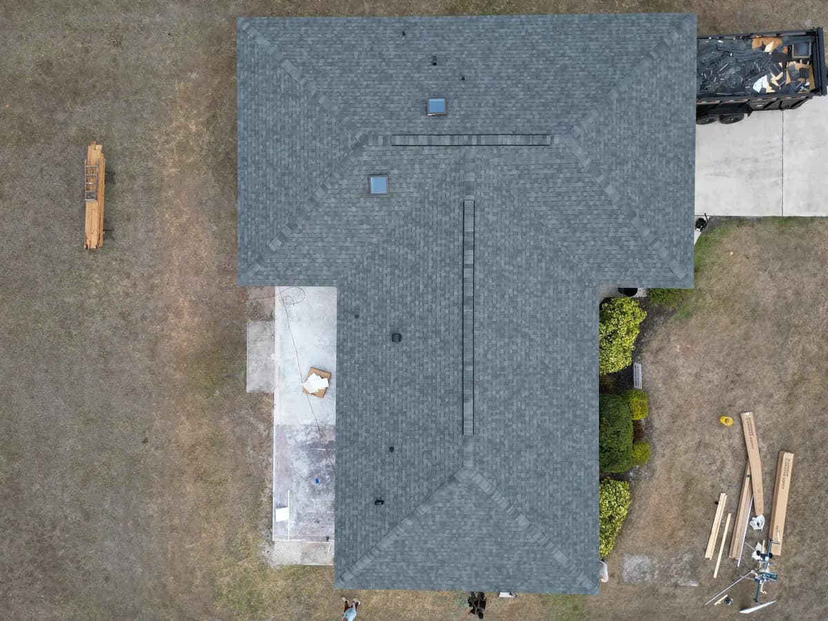 Aerial view of a newly installed shingle roof in Southwest Florida